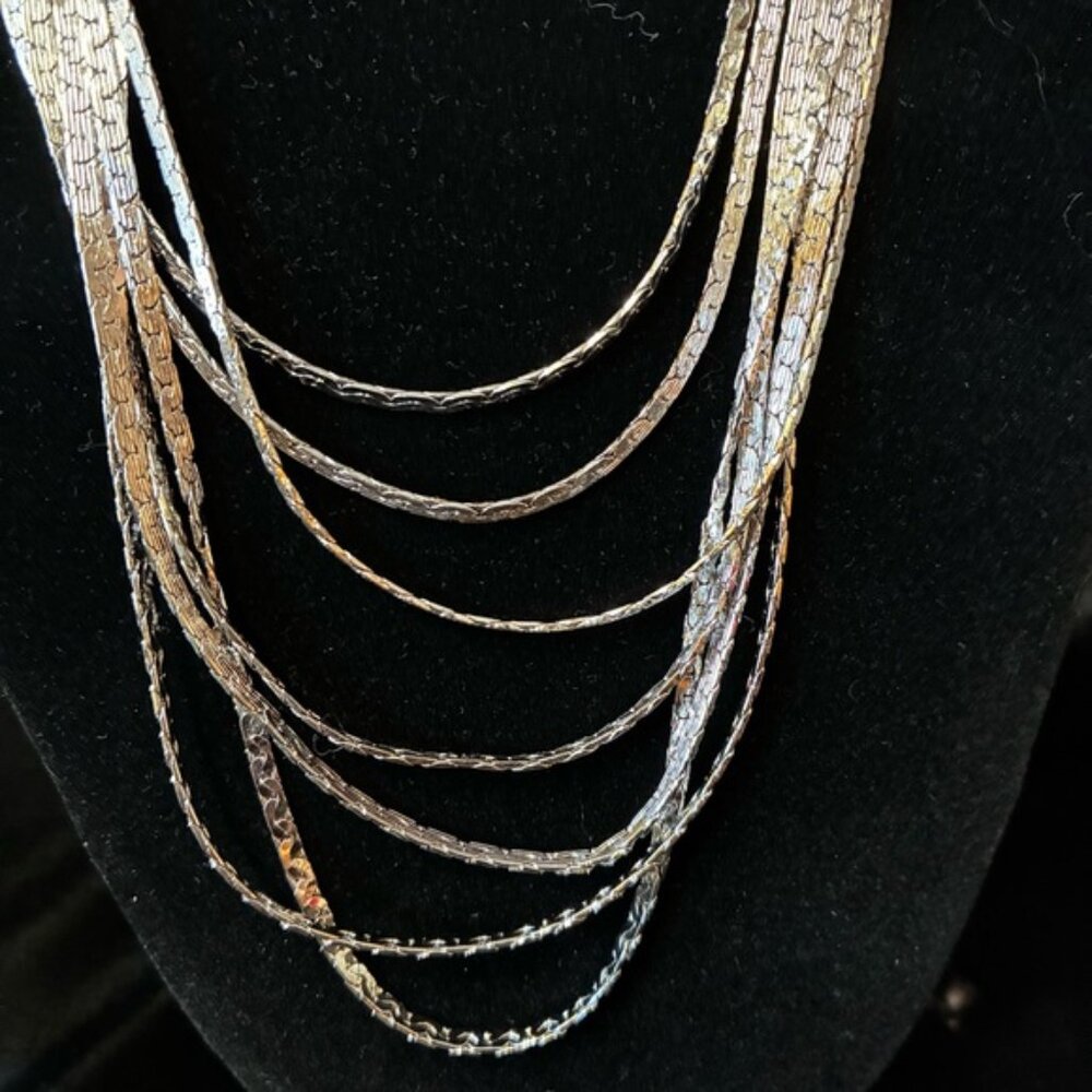D'Orlan Silver Tone Multi Chain Waterfall Necklace 7 Strand - Picture 4 of 12